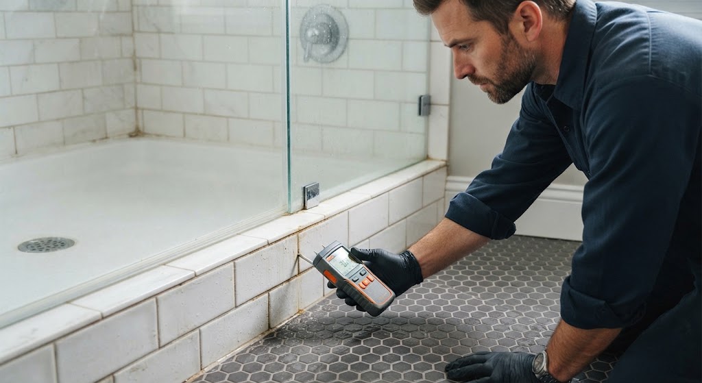shower and bathroom leak detection Fair Lawn technician testing shower pan membrane